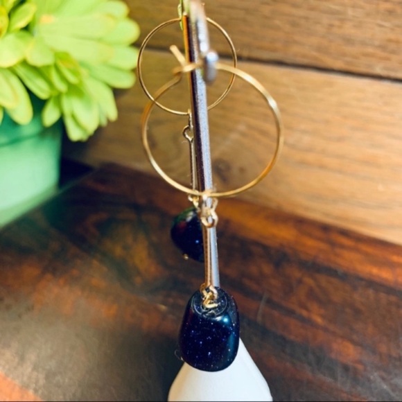 Genuine Blue Goldstone Hoop Earrings - Picture 3 of 5